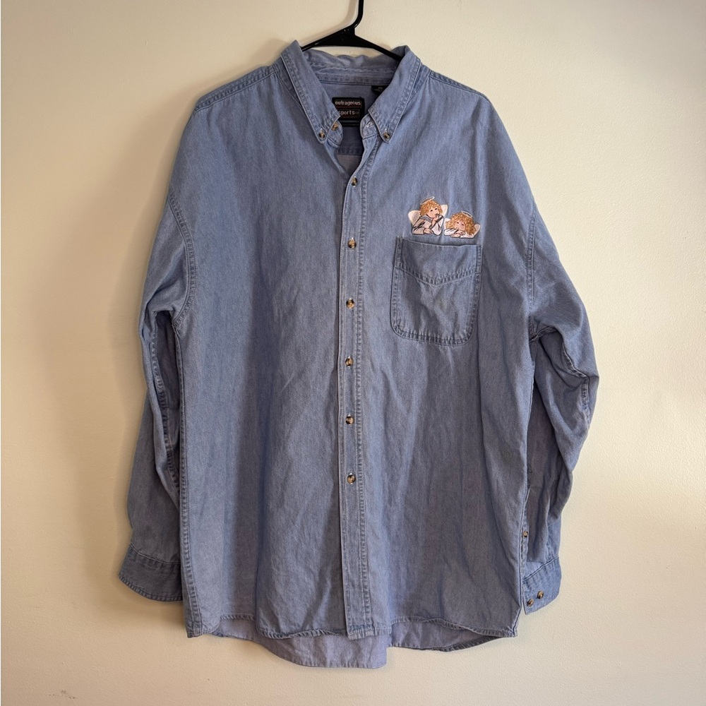 Vintage 90s Embroidered Angels Denim Shirt (2XL)